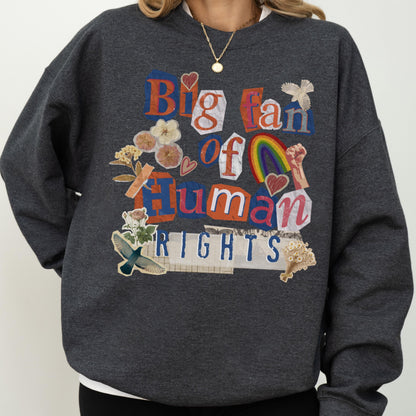 May include: Dark gray sweatshirt with the text "Big fan of Human Rights" in a collage style. The design includes a rainbow, hearts, and floral elements. The sweatshirt is a casual, comfortable style.