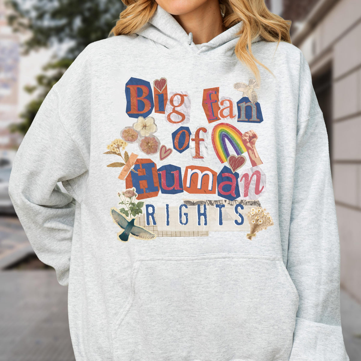 May include: A light gray hoodie with a graphic that reads "Big fan of Human Rights." The design incorporates a rainbow, hearts, and floral elements. The hoodie has a front pocket and a drawstring hood.