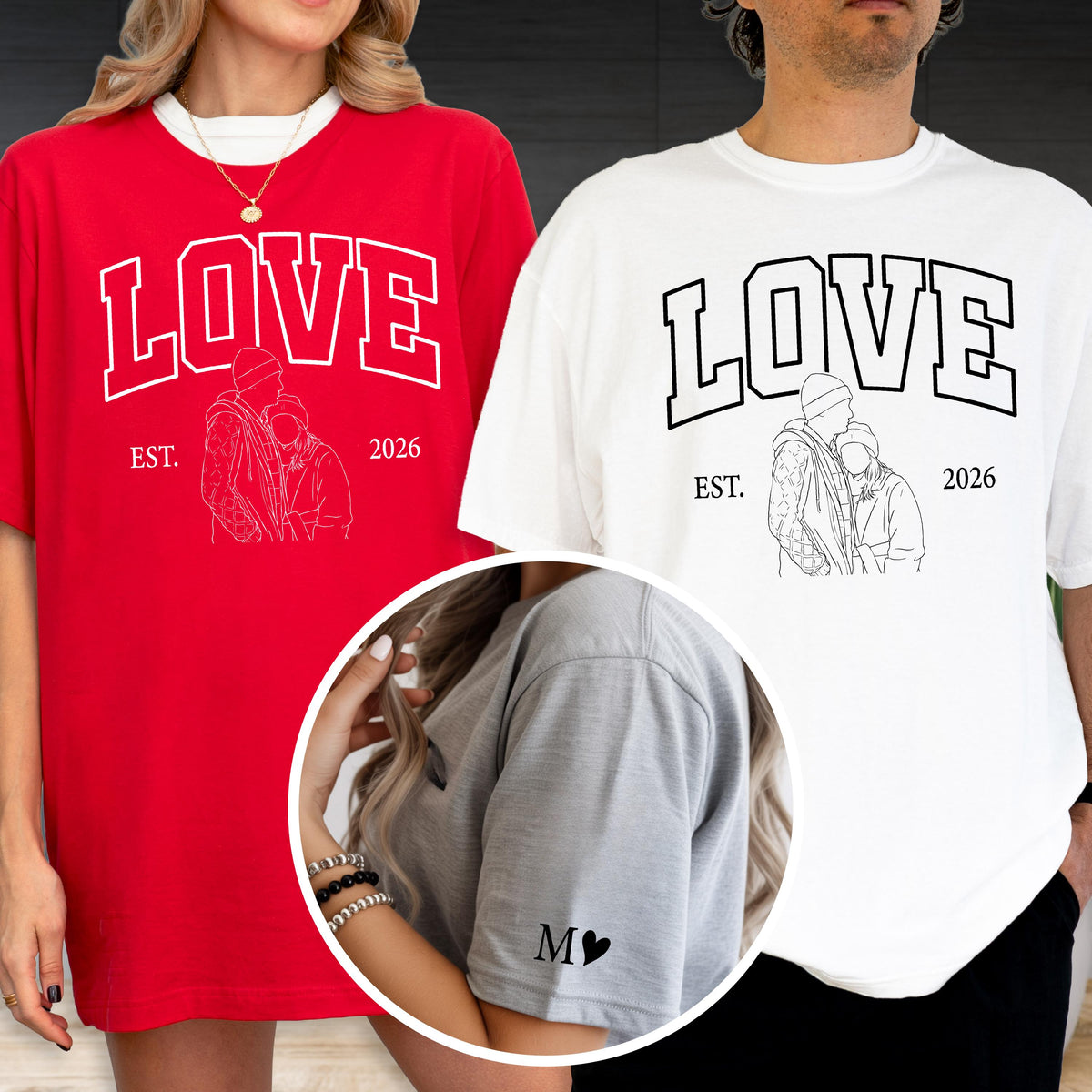 May include: Red and white t-shirts with the word "LOVE" in a collegiate font. The shirts feature a line drawing of a couple and the text "EST. 2026". A gray t-shirt has a heart and the letter "M" on the sleeve.