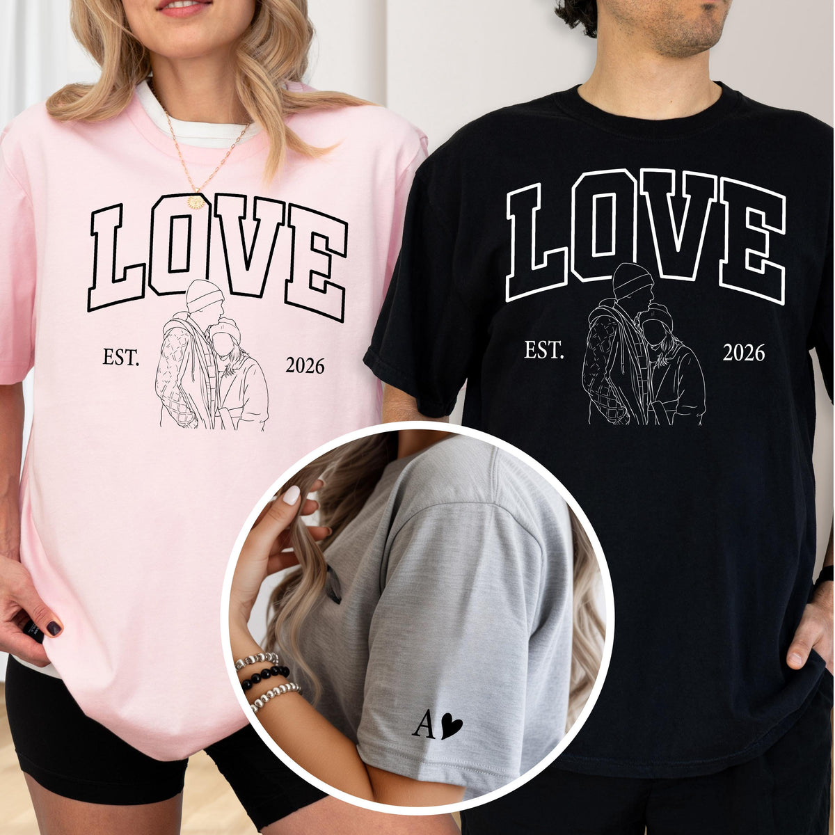 May include: Pink and black t-shirts with the word "LOVE" in a bold, outlined font. Each shirt features a line drawing of a couple and the text "EST. 2026". A gray shirt has the letter "A" and a heart on the sleeve.