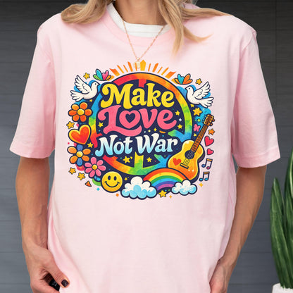 May include: Pink t-shirt with a colorful graphic that reads "Make Love Not War." The design includes a peace sign, rainbow, guitar, flowers, doves, and a smiley face. The shirt is short-sleeved.