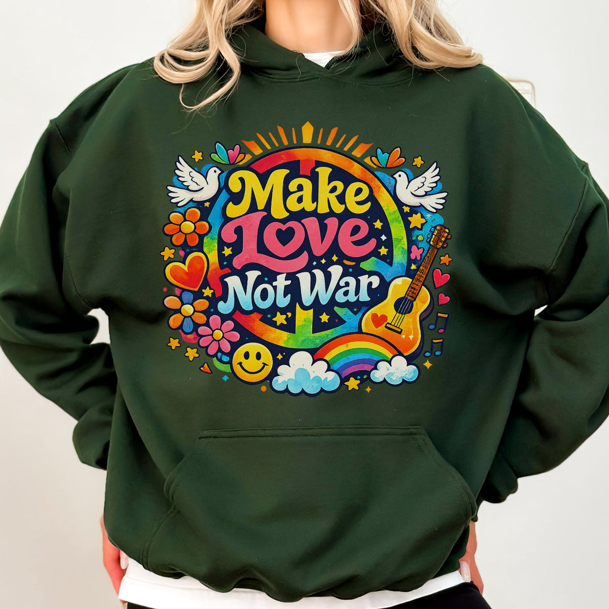 May include: Dark green hoodie with a colorful graphic that says "Make Love Not War." The design includes a peace sign, rainbow, guitar, flowers, doves, and a smiley face. The hoodie has a front pocket and a hood.