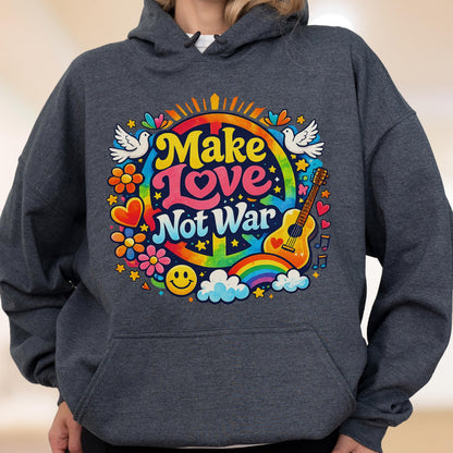 May include: Dark gray hoodie with a colorful graphic that says "Make Love Not War." The design includes a rainbow, guitar, flowers, doves, and a smiley face. The hoodie is made of a soft material and has a hood and a front pocket.