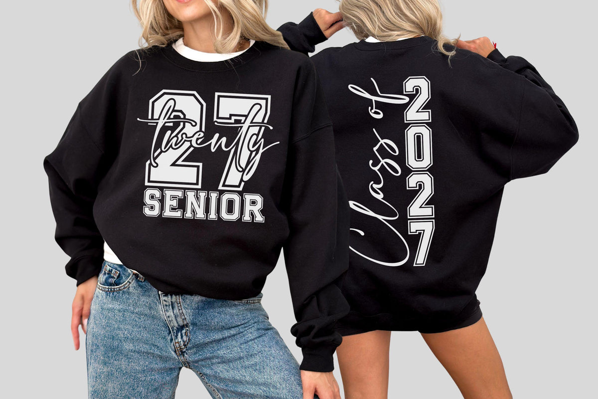 May include: Black sweatshirt with white lettering and numbers. The front features "27 Twenty SENIOR" in a collegiate style. The back displays "Class of 2027" vertically. The sweatshirt is a casual garment, suitable for graduation.