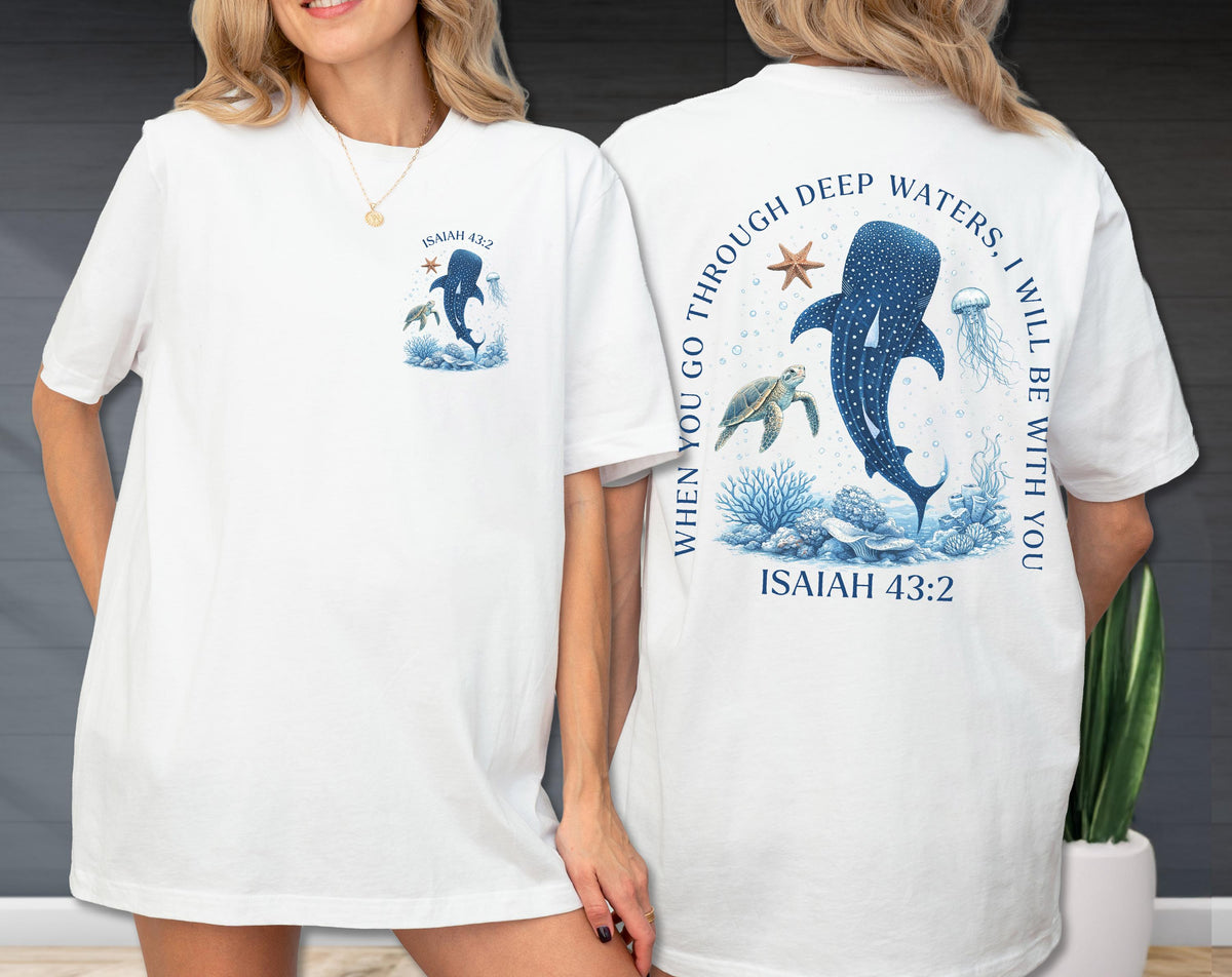 Front and back design of a majestic whale shark with Isaiah 43:2 bible verse typography, deep blue ocean aesthetic, minimalist christian graphic apparel for sea lovers.