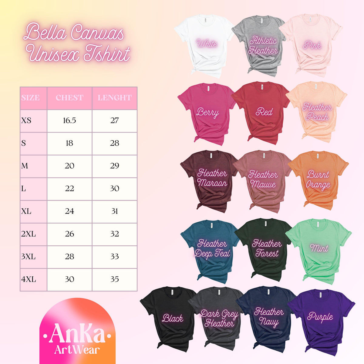May include: A selection of Bella Canvas unisex t-shirts in various colors, including white, pink, red, and purple. The image also displays a size chart with chest and length measurements in inches, and the brand logo.