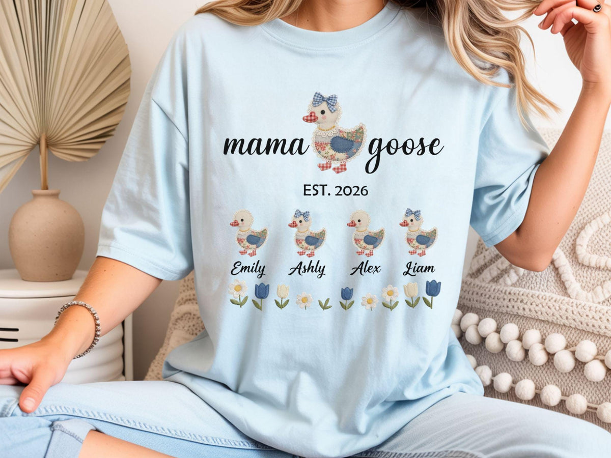 Personalized Mom Duck Shirt With Kids Names, Custom Mama Goose Family Shirt, Mama Goose Shirt, Mother Goose Mom Gift