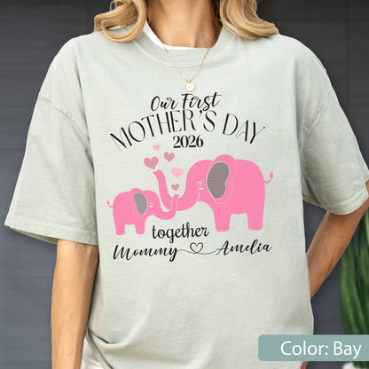 Comfort Colors® Our First Mother's Day Elephant Shirt, Personalized Mommy Baby Gift, Custom Name Tee, Mommy And Baby Matching Mom T-Shirt