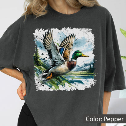 Comfort Colors® Mallard Duck Shirt, Flying Duck Watercolor Tee, Duck Hunting Gift, Wildlife Graphic T-Shirt, Nature Lover Shirts