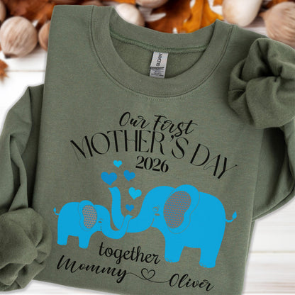 Our First Mother's Day Elephant Sweatshirt - Hoodie, Personalized Mommy Baby Gift, Custom Name Top, Mommy And Baby Matching Mom Sweat