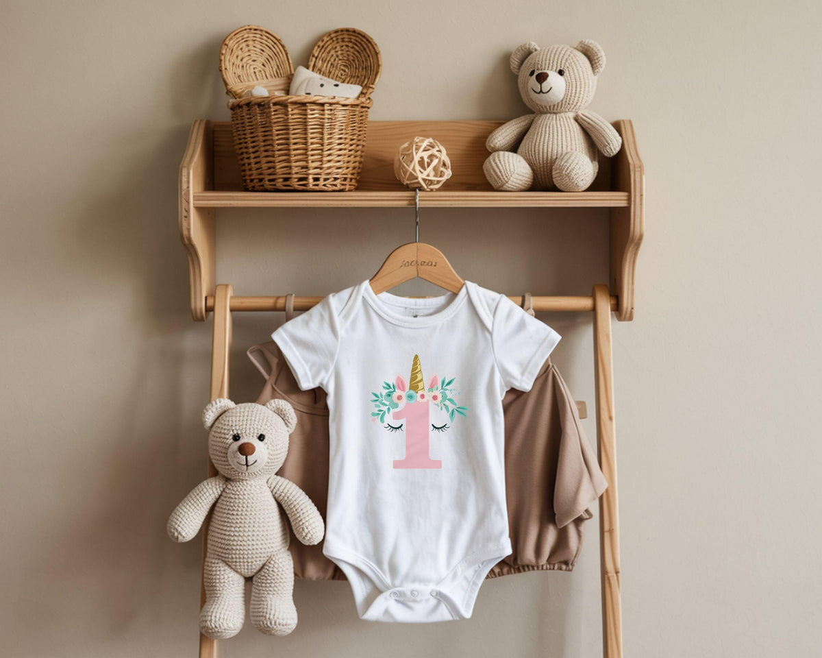 Unicorn Birthday Shirt, Girls Birthday Tee, Magical Party T-shirt, Cute Unicorn Birthday Baby tee, Floral Numbers