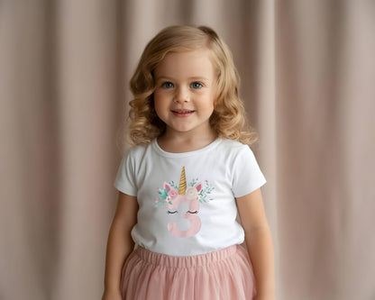 Unicorn Birthday Shirt, Girls Birthday Tee, Magical Party T-shirt, Cute Unicorn Birthday Baby tee, Floral Numbers