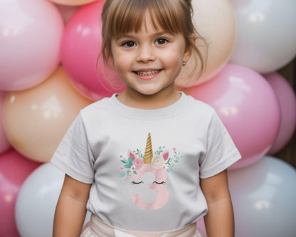 Unicorn Birthday Shirt, Girls Birthday Tee, Magical Party T-shirt, Cute Unicorn Birthday Baby tee, Floral Numbers