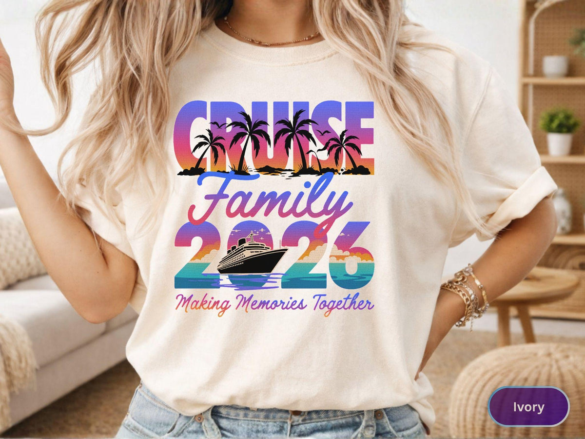 May include: Ivory-colored t-shirt with a colorful cruise-themed graphic. The design includes the words "CRUISE FAMILY 2026" with palm trees, a cruise ship, and the phrase "Making Memories Together."