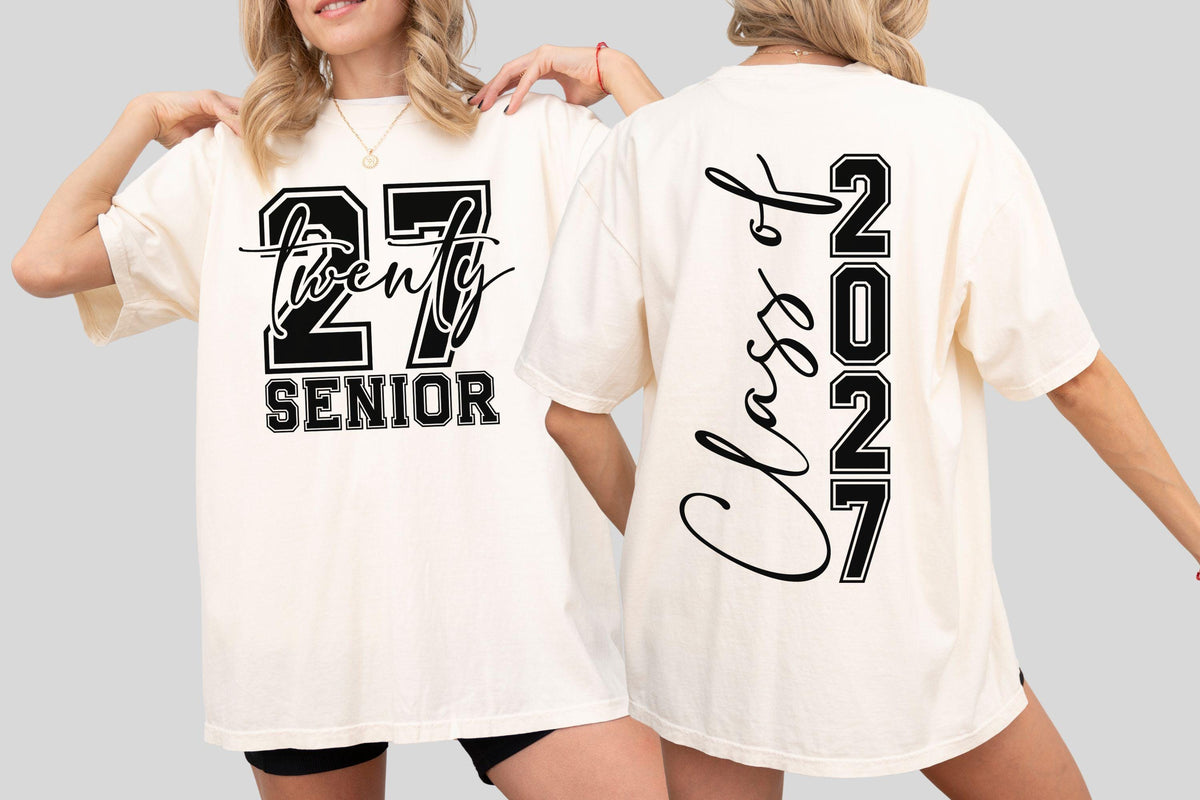 May include: Cream-colored t-shirt with the text "27 Twenty Senior" in black, bold font on the front. The back of the shirt features "Class of 2027" in a vertical design. A casual, oversized fit.
