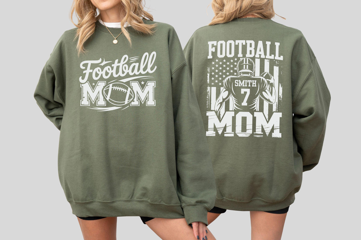 May include: Olive green sweatshirt with the text "Football MOM" in white on the front. The back features a football player graphic, the American flag, and the text "FOOTBALL MOM".