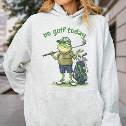 May include: Light gray hoodie featuring a cartoon frog with a golf club, golf bag, and the text "no golf today." The frog is wearing a golf hat, polo shirt, and shorts. The golf bag has the text "Pro Frog Golf."