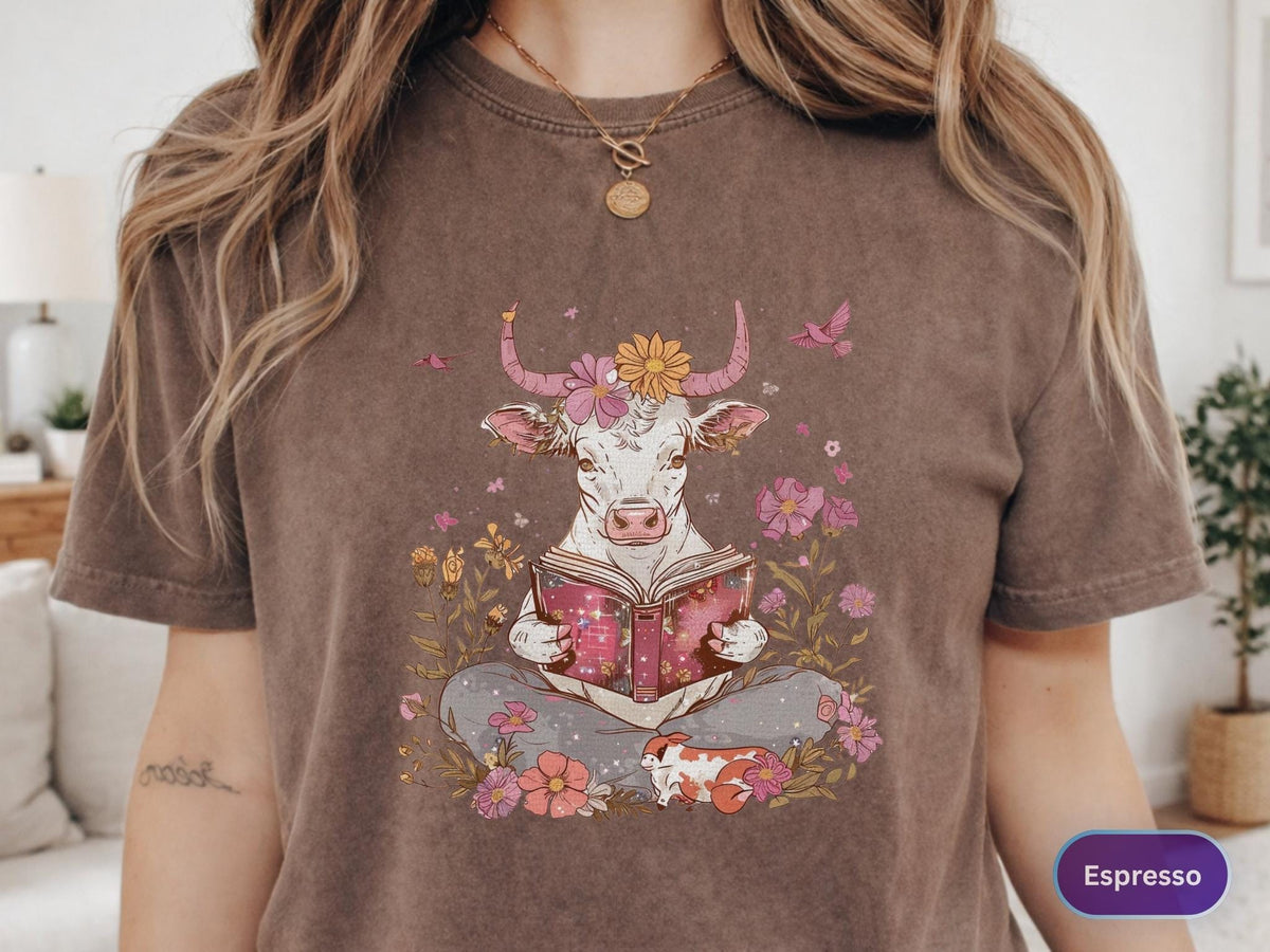 May include: Espresso-colored t-shirt featuring a whimsical illustration of a cow reading a book amidst flowers. The cow has floral accents and is surrounded by pink and yellow blooms. A small, patterned animal rests nearby. The shirt has a relaxed fit.