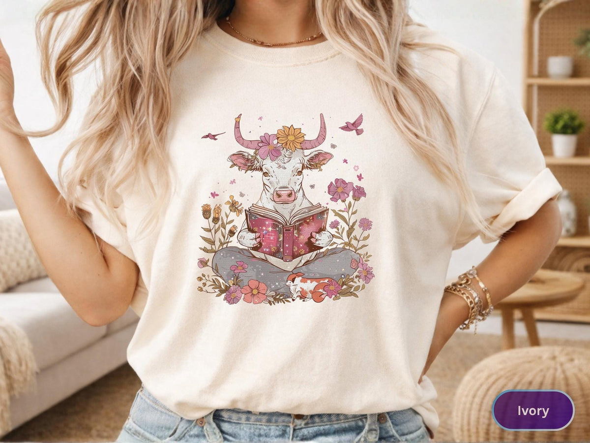 May include: Ivory-colored t-shirt featuring a whimsical illustration of a cow reading a book. The cow is adorned with flowers and surrounded by floral elements. The design has a soft, vintage aesthetic, perfect for casual wear.