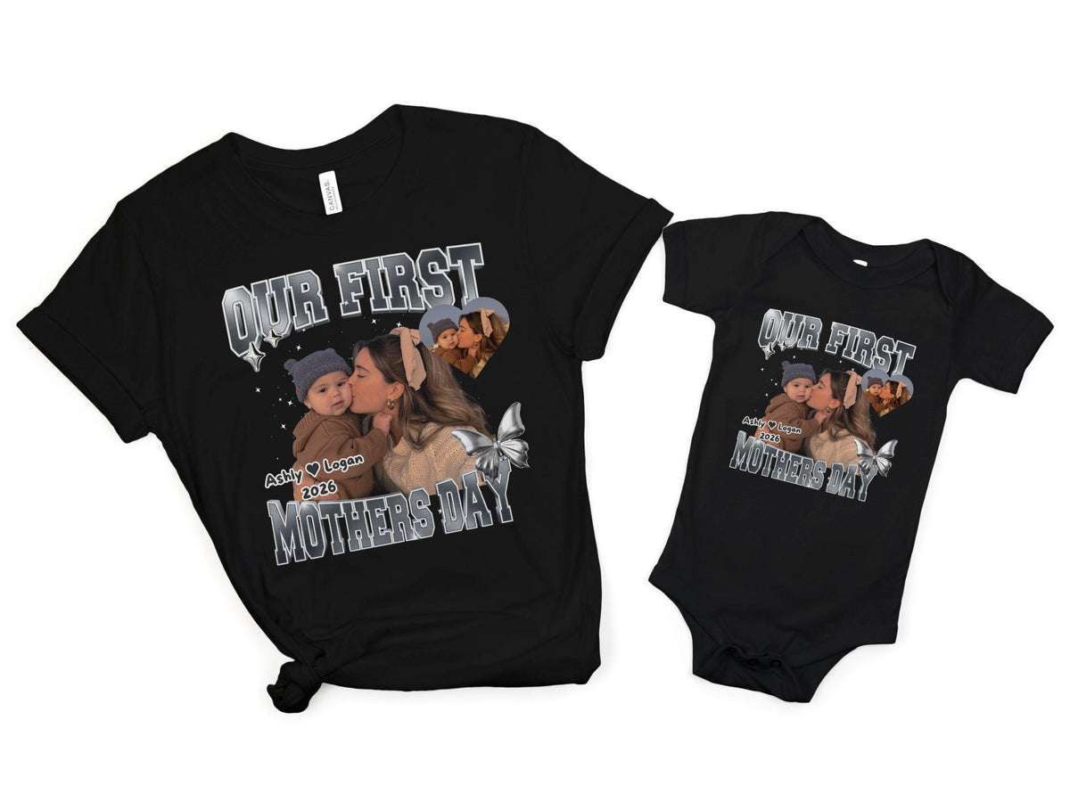 May include: Black t-shirt and onesie set with a photo print. The t-shirt and onesie feature the text "OUR FIRST MOTHERS DAY" with a photo of a mother and child. The set is a perfect gift for Mother's Day.