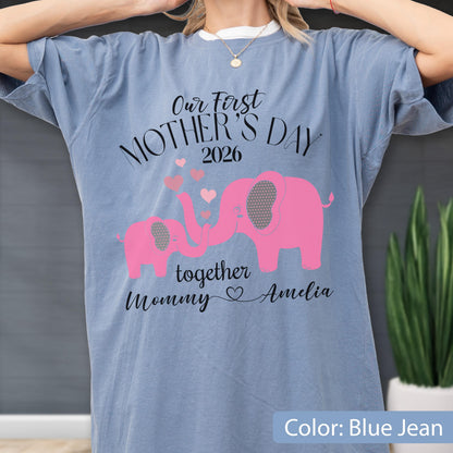 Comfort Colors® Our First Mother's Day Elephant Shirt, Personalized Mommy Baby Gift, Custom Name Tee, Mommy And Baby Matching Mom T-Shirt