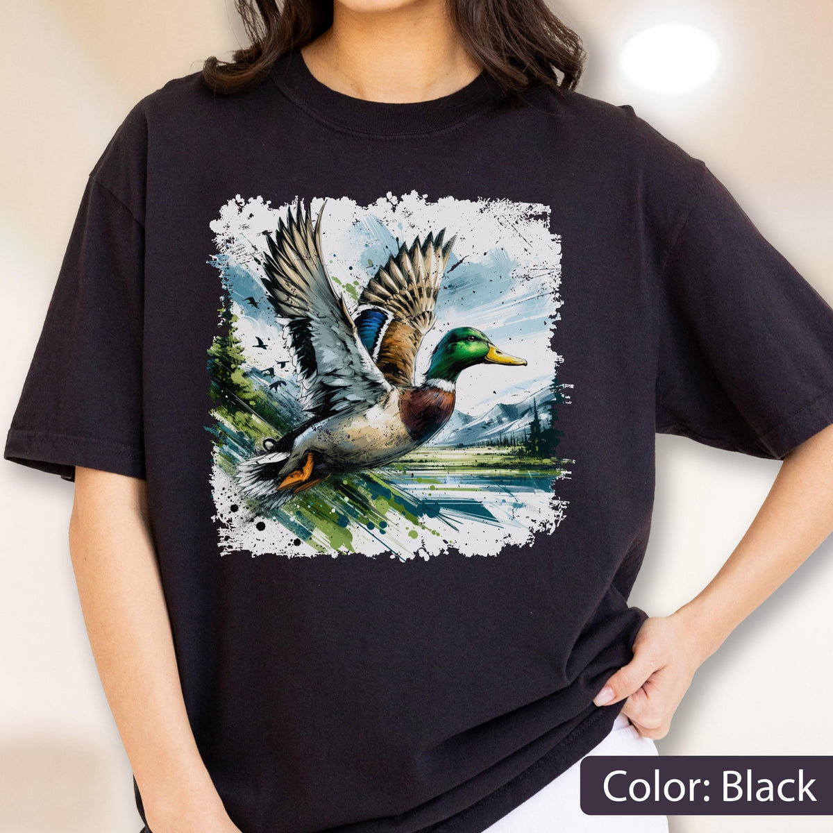 Comfort Colors® Mallard Duck Shirt, Flying Duck Watercolor Tee, Duck Hunting Gift, Wildlife Graphic T-Shirt, Nature Lover Shirts