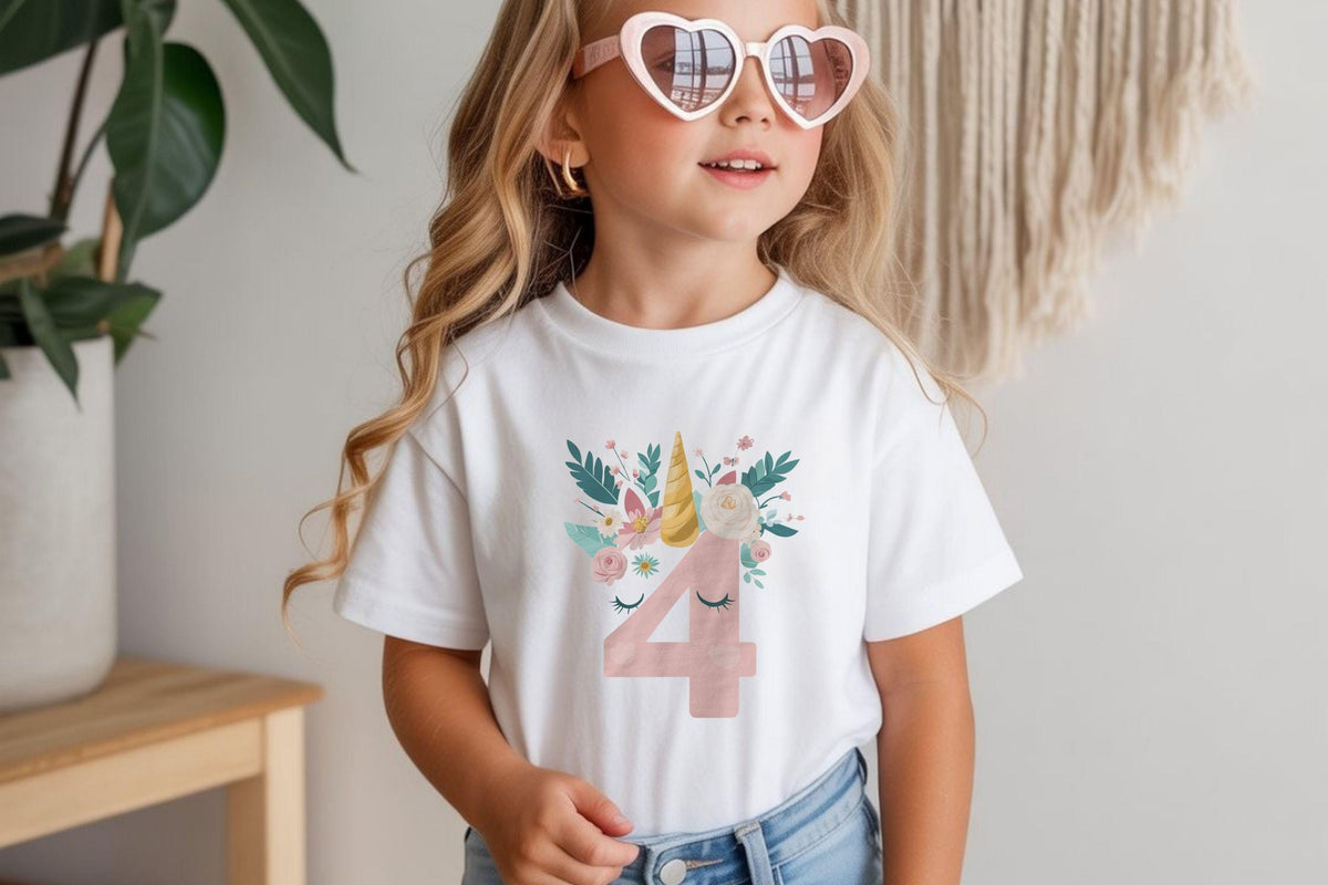 Unicorn Birthday Shirt, Girls Birthday Tee, Magical Party T-shirt, Cute Unicorn Birthday Baby tee, Floral Numbers