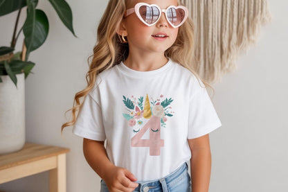 Unicorn Birthday Shirt, Girls Birthday Tee, Magical Party T-shirt, Cute Unicorn Birthday Baby tee, Floral Numbers