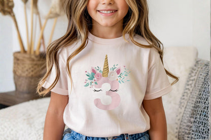 Unicorn Birthday Shirt, Girls Birthday Tee, Magical Party T-shirt, Cute Unicorn Birthday Baby tee, Floral Numbers