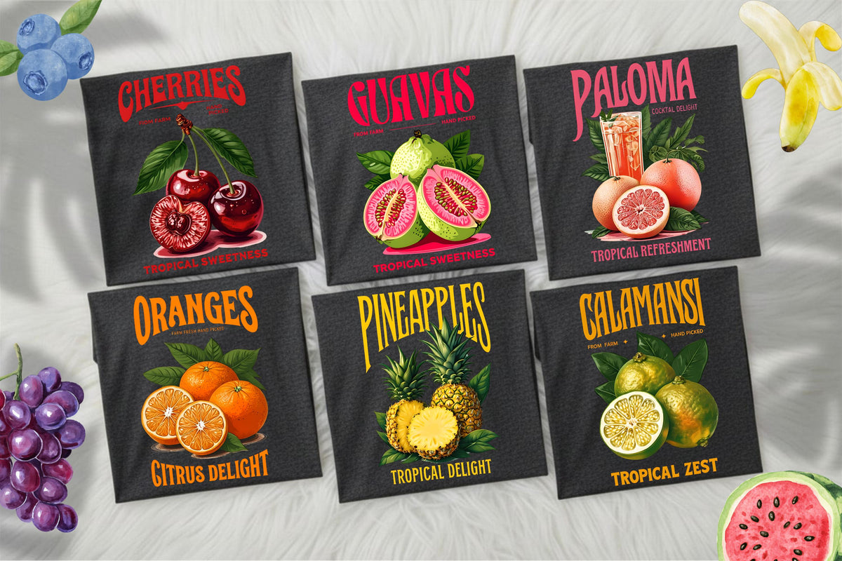 May include: Six dark gray square designs with fruit illustrations. Each design features a different fruit: cherries, guavas, paloma cocktail, oranges, pineapples, and calamansi. Each design has text describing the fruit.