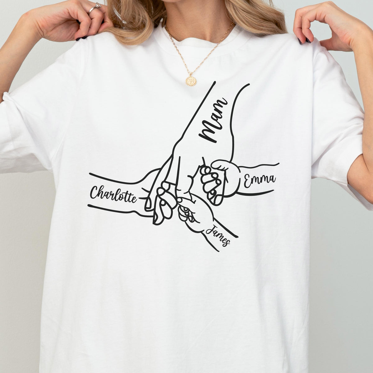 May include: White t-shirt featuring a black line drawing of hands holding each other. The word "Mam" is written above the largest hand, with the names "Charlotte", "Emma", and "James" written below.