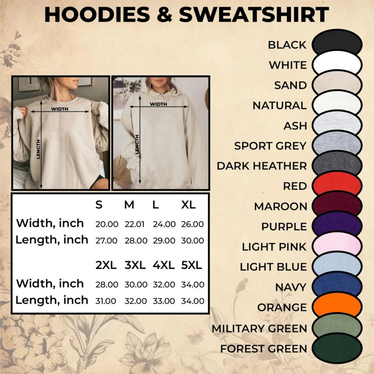 May include: Image showcasing a selection of hoodies and sweatshirts. The image includes size charts with measurements in inches, and a color palette featuring black, white, red, and other shades. Two models are shown wearing the hoodies.