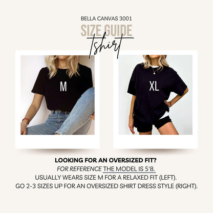 May include: Size guide for a Bella Canvas 3001 t-shirt. The guide shows two models wearing black t-shirts, one in size M and the other in XL. Text advises to go up 2-3 sizes for an oversized fit. The model is 5'8 and usually wears size M for a relaxed fit.