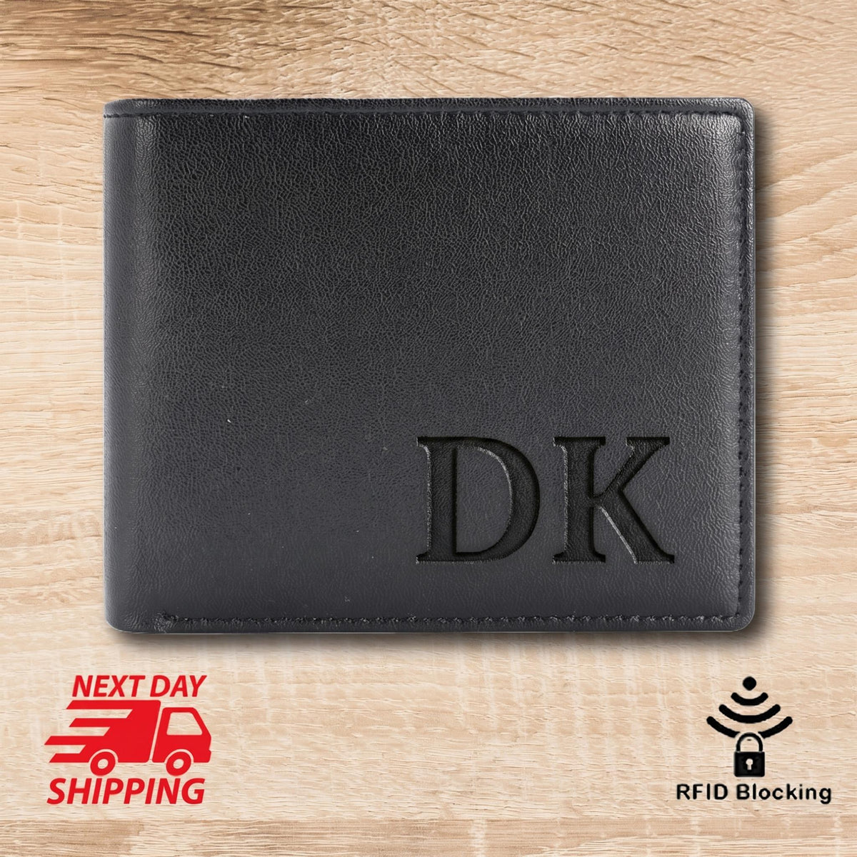 May include: Black leather wallet with the initials "DK" embossed on the front. The wallet is rectangular and appears to be new. The image also includes a "Next Day Shipping" graphic and an "RFID Blocking" icon.