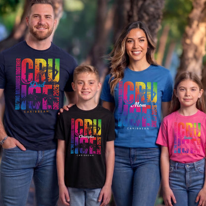 May include: A family of four wearing matching t-shirts with a colorful "CRU" design. The shirts are navy, blue, black, and pink. Each shirt has the word "Caribbean" and "Making Memories Together" printed on it. The shirts also have the words "Dad", "Mom", and "Christopher" printed on them.