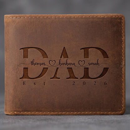 May include: A brown leather bifold wallet featuring the engraved word DAD in large capital letters. The names thomas, barbara, and sarah are written in cursive script between the letters, separated by heart icons. The text Est. 2026 is below.