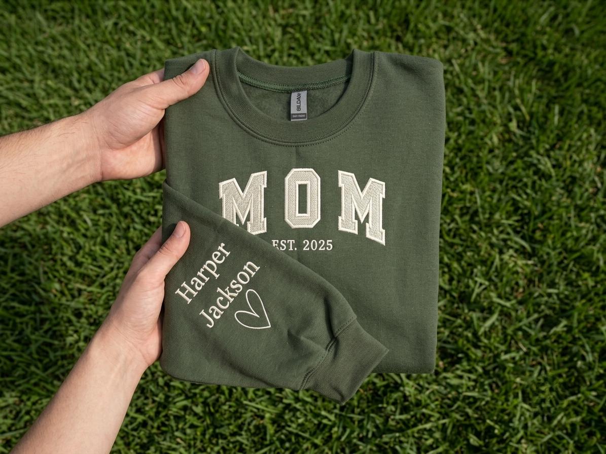 May include: An olive green crewneck sweatshirt featuring the white embroidered text MOM EST. 2025 on the chest. The sleeve is embroidered with the names Harper and Jackson in white, accompanied by a small white heart outline graphic.