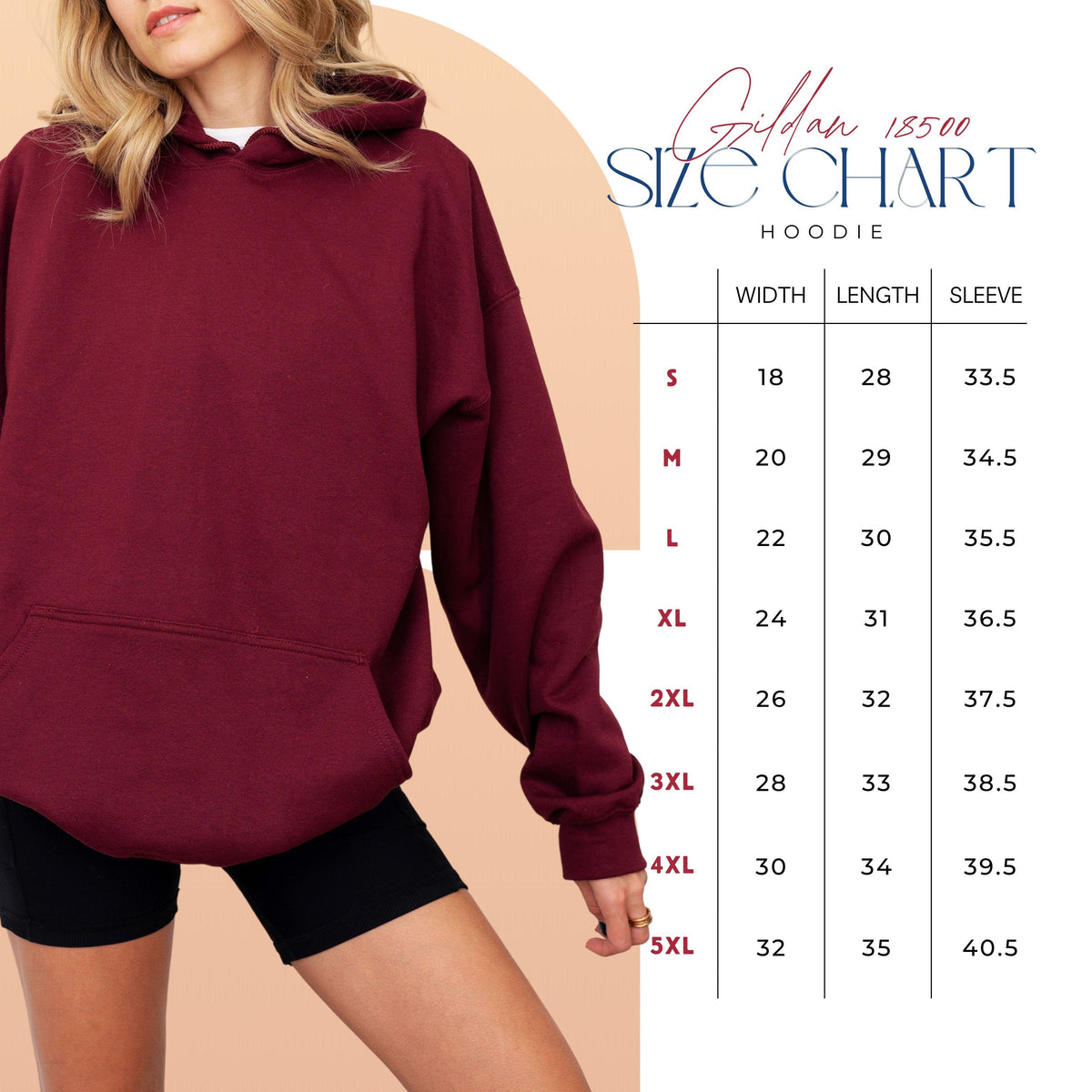 May include: A maroon long-sleeve hooded sweatshirt with a front kangaroo pocket. Next to the hoodie is a Gildan 18500 size chart displaying width, length, and sleeve measurements in inches for sizes small through 5XL in a clear table format.
