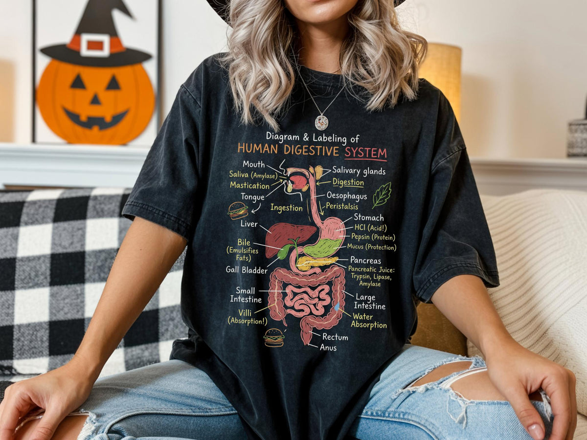 May include: A black short-sleeve t-shirt featuring a colorful diagram and labeling of the human digestive system. The graphic includes anatomical illustrations of the mouth, esophagus, stomach, liver, pancreas, and intestines with text labels.