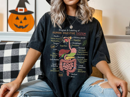 May include: A black short-sleeve t-shirt featuring a colorful diagram and labeling of the human digestive system. The graphic includes anatomical illustrations of the mouth, esophagus, stomach, liver, pancreas, and intestines with text labels.