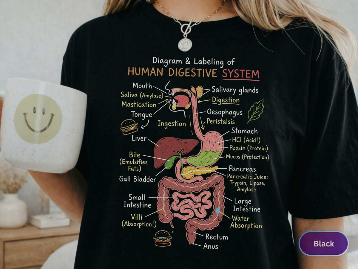 May include: A black t-shirt featuring a colorful diagram and labeling of the human digestive system. The graphic includes anatomical illustrations of the mouth, esophagus, stomach, liver, pancreas, and intestines with text labels for each part.