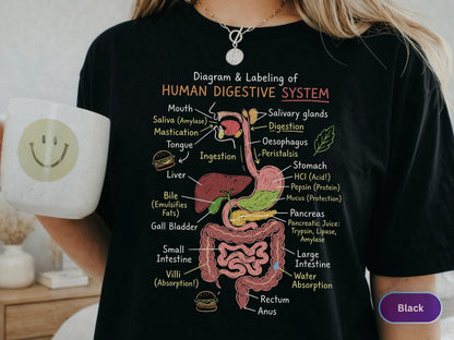 May include: A black t-shirt featuring a colorful diagram and labeling of the human digestive system. The graphic includes anatomical illustrations of the mouth, esophagus, stomach, liver, pancreas, and intestines with text labels for each part.