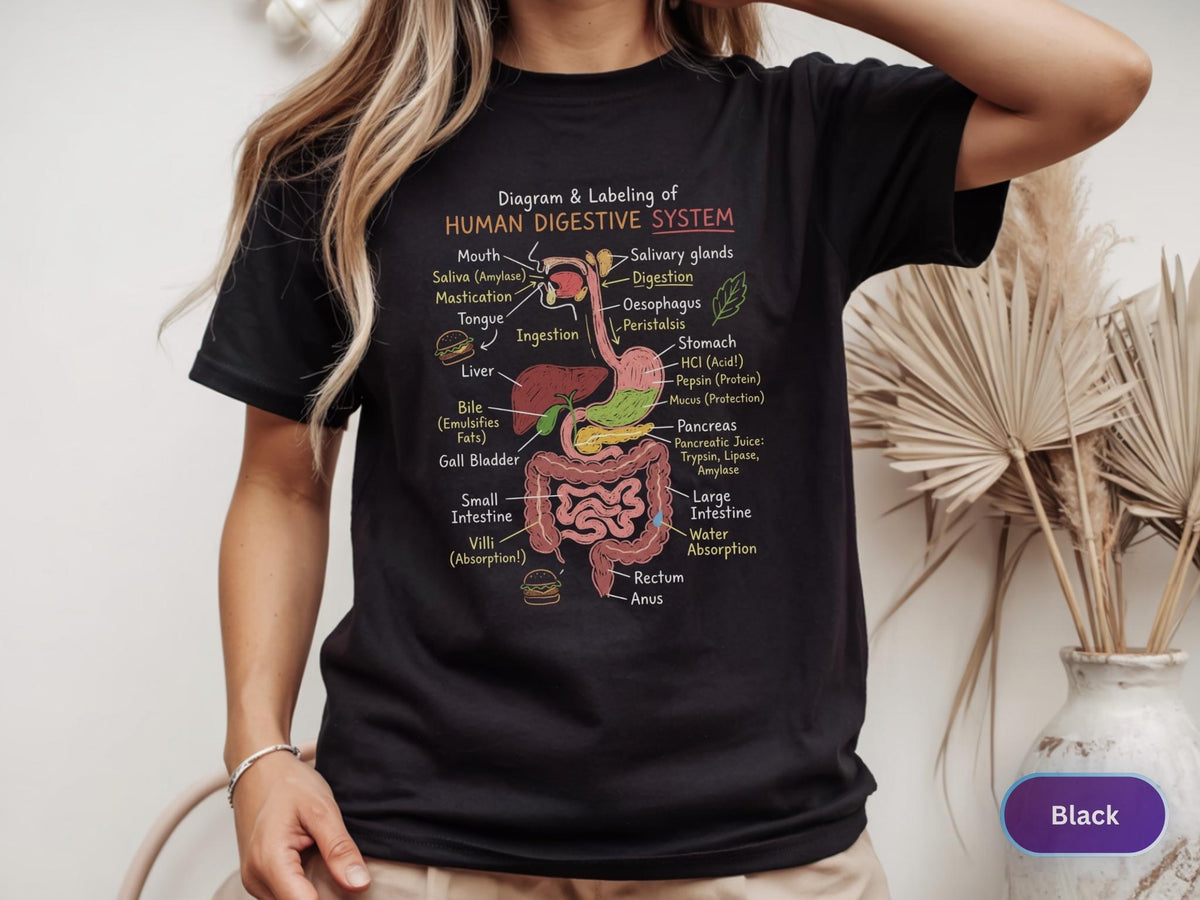 May include: A black short-sleeve t-shirt featuring a colorful diagram and labeling of the human digestive system. The graphic includes anatomical illustrations of the mouth, esophagus, stomach, liver, pancreas, and intestines with text labels.