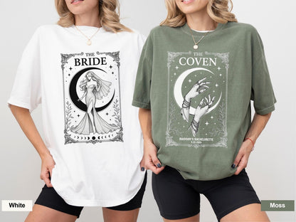 May include: A white t-shirt featuring a black graphic of a bride in front of a crescent moon with the text THE BRIDE, and a moss green t-shirt featuring a white graphic of hands and a crescent moon with the text THE COVEN MADISON'S BACHELORETTE 9.25.2026.