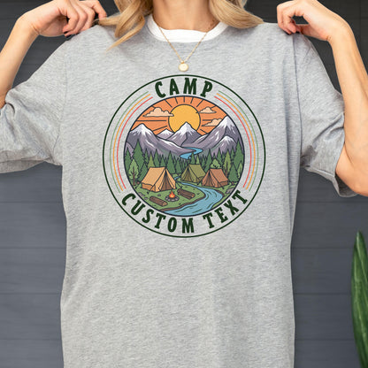 Camp Custom Text Shirt, Family Camping T-Shirt, Nature Lover Tee, Mountain Sunset Shirt, Camping Trip Gift, Outdoor Lover Tee, Vacation Tees
