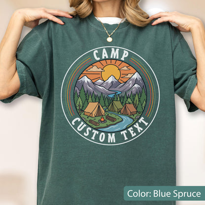 Comfort Colors® Camp Custom Text Shirt, Camping T-Shirt, Personalized Campsite Tee, Mountain Sunset Shirts, Camping Trip Gift, Adventure Top