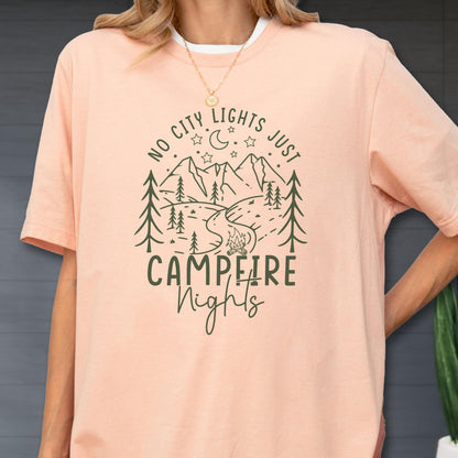 Campfire Nights Shirt, No City Lights Just Stars Tee, Camping Bonfire T-Shirt, Outdoor Nature Adventure Top, Cozy Forest Tee, Family T Shirt