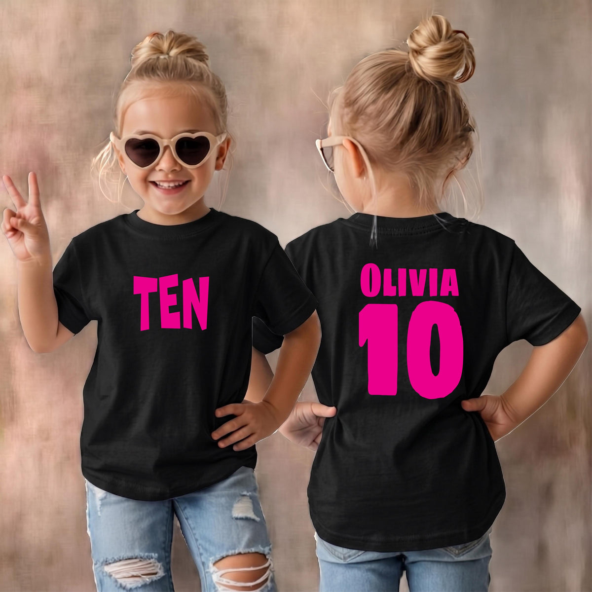 May include: A black short-sleeved t-shirt featuring the word TEN in bright pink lettering on the front and the name OLIVIA above the number 10 in bright pink lettering on the back, paired with light blue distressed denim jeans and sunglasses.
