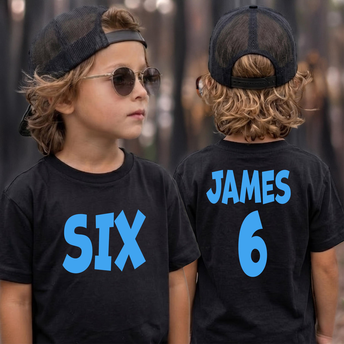 May include: A black t-shirt featuring the word SIX in bright blue lettering on the front and the name JAMES with the number 6 in bright blue on the back, paired with a black mesh trucker hat and round sunglasses with dark lenses.