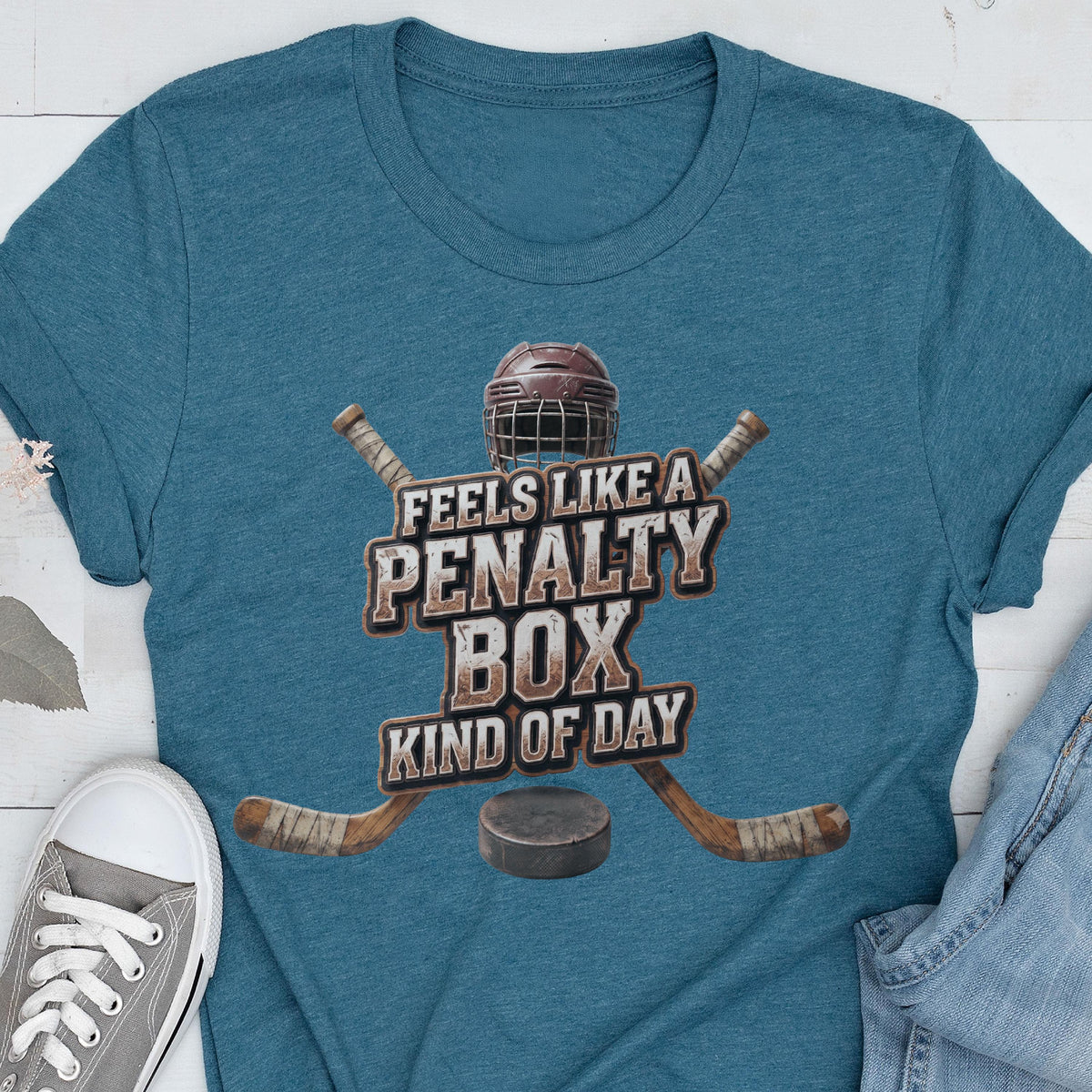 May include: A heathered teal blue t-shirt featuring a graphic of a hockey helmet, two crossed hockey sticks, and a puck. The text reads FEELS LIKE A PENALTY BOX KIND OF DAY in a distressed, block-style font centered over the hockey equipment.